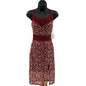Joyfolie Desyree Dress Womens XXS Maroon Gold Floral Lace Lined Halter A-line
